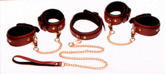 6 Piece Burgundy Bondage Set Burgundy Cuffs, Collar and Leash - TemptationsXR Brands Master SeriesTemptationsMS-AG883-BUR