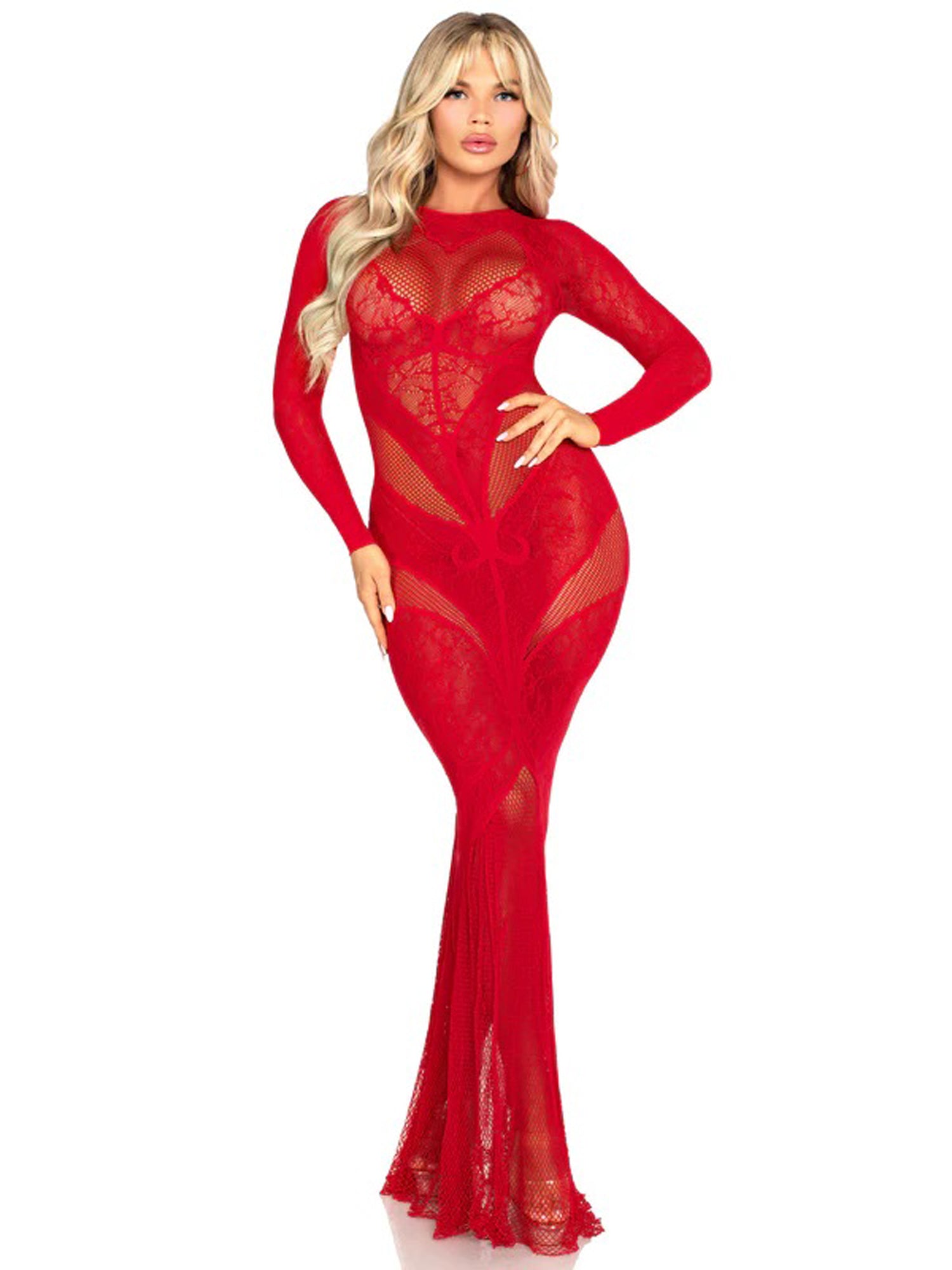 Red Lace and Net Body Con Gown -  With Heart Keyhole Detail - Os LA-86005REDOS