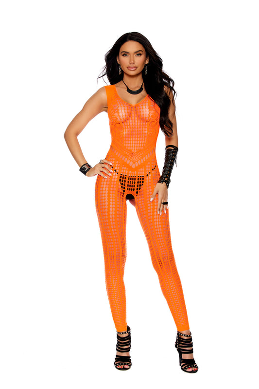 Crochet Footless Bodystocking With Open Crotch -  One Size - Orange EM-81339ORNG