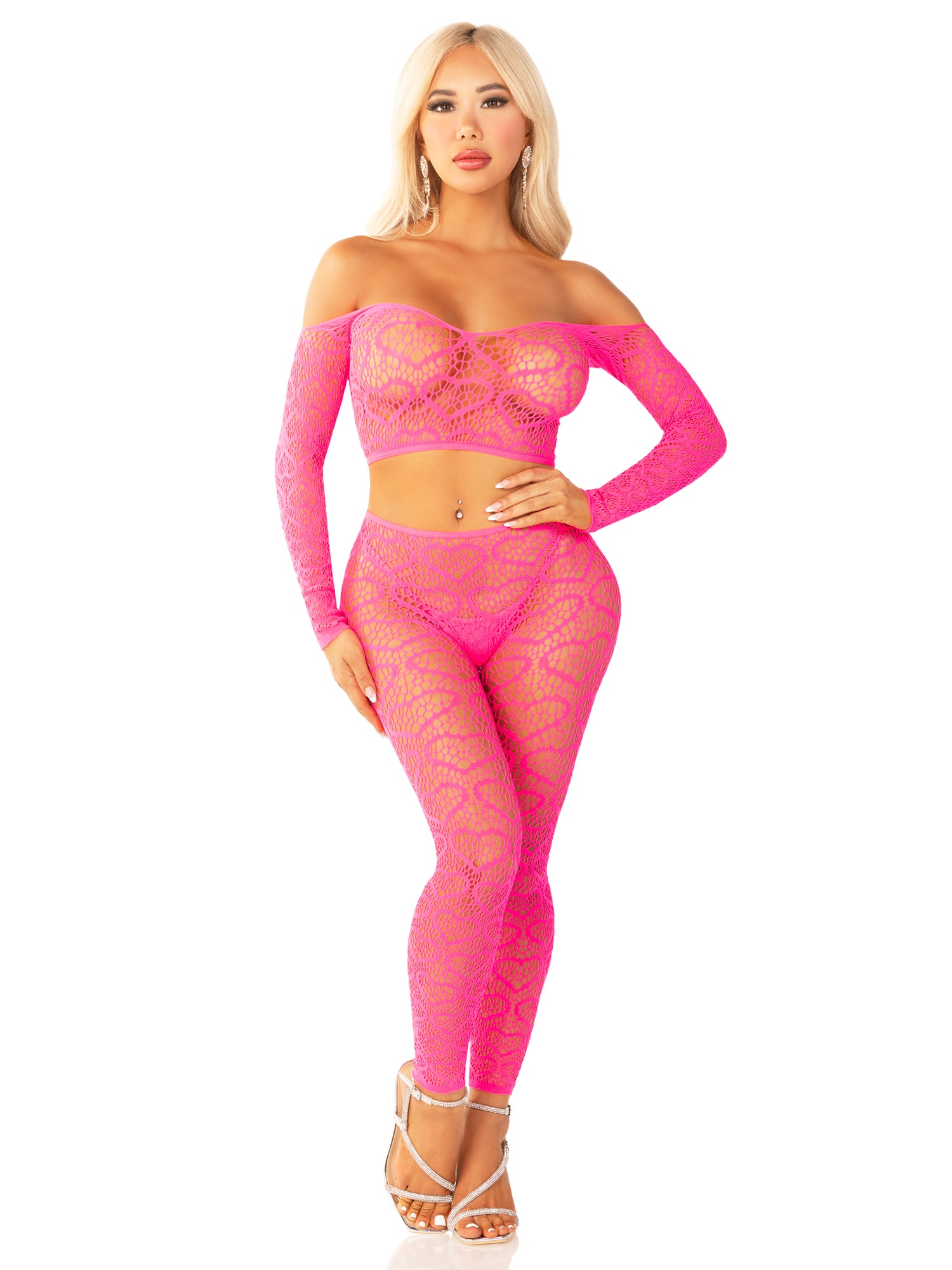 Pink 2pc Croptop and Footless Tights - Os Tights - Os LA-89337PNKOS