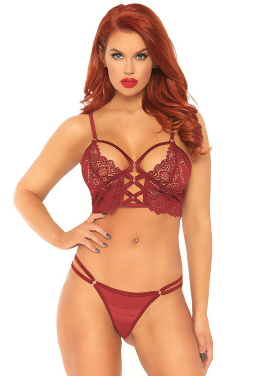 2 Pc Lace Bralette With Cage Strap O-Ring Bodice Detail and Matching G-String - Burgandy - Medium/ Large - TemptationsLeg AvenueTemptationsLA-81577BURML