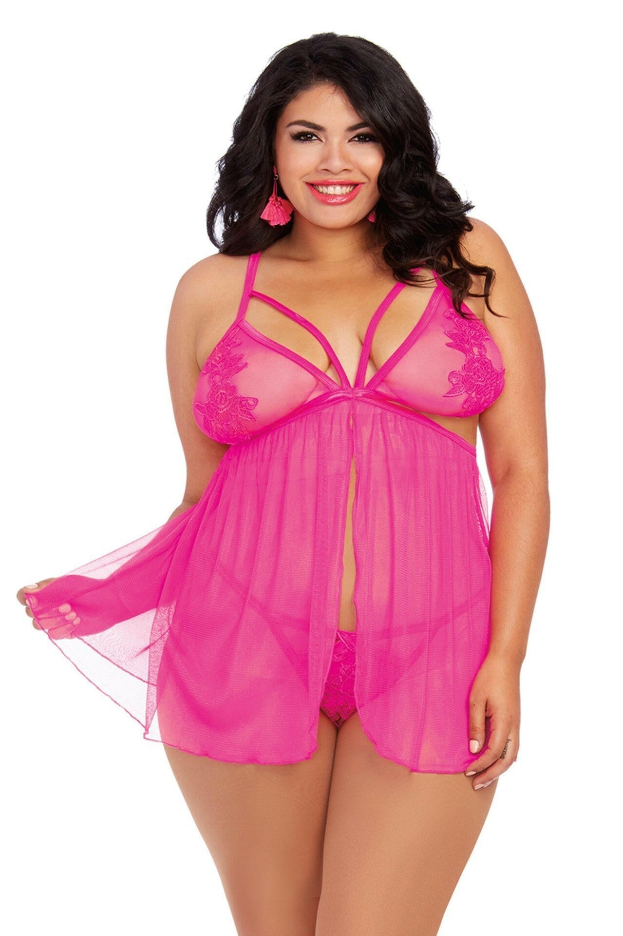 Babydoll and G-String - Queen Size - Hot Pink - TemptationsDreamgirlTemptationsDG-12037XHPQ