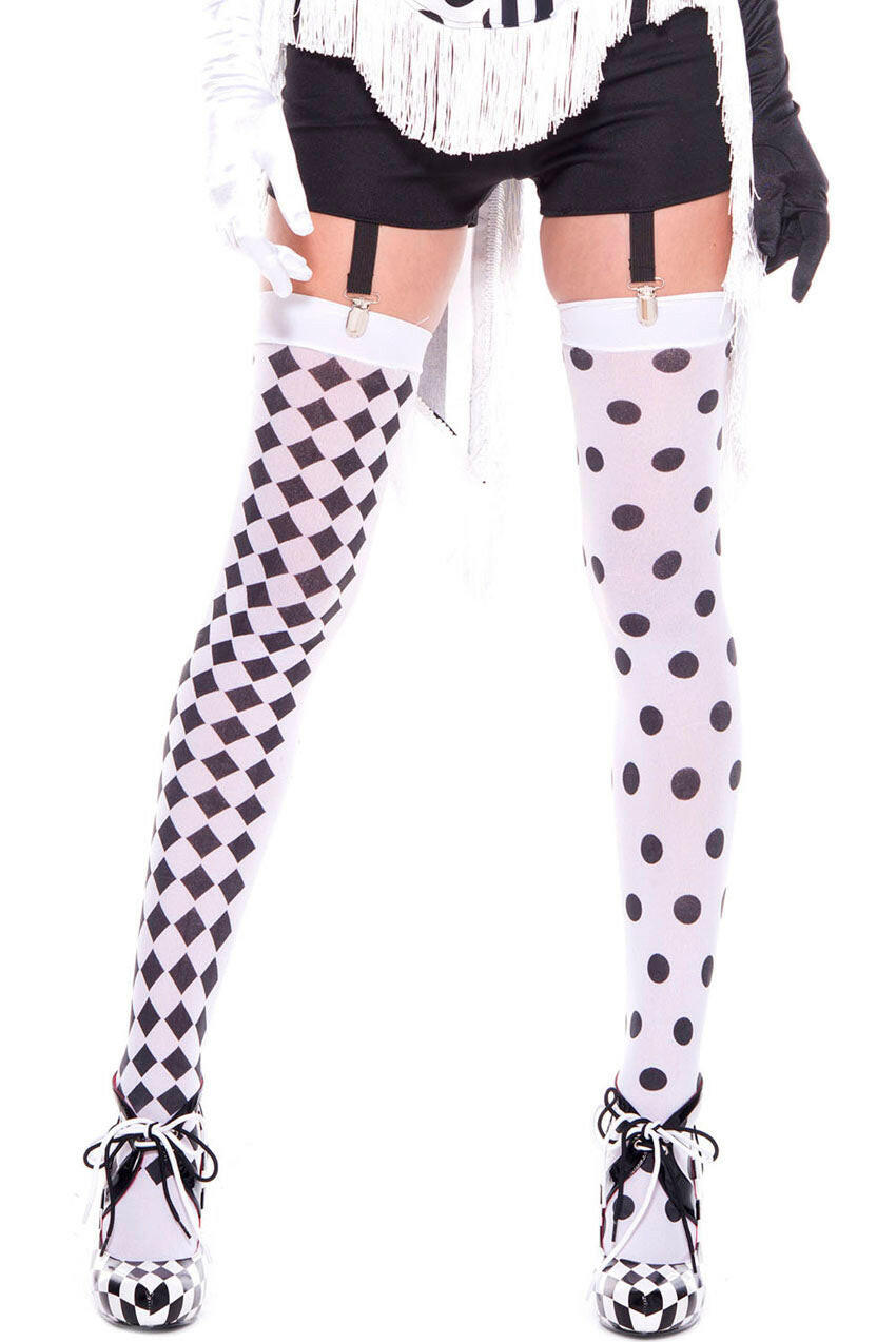 Diamond Design and Polka Dot Harlequin Thigh Hi - White / Black - TemptationsMusic LegsTemptationsML-4180WHTBLK