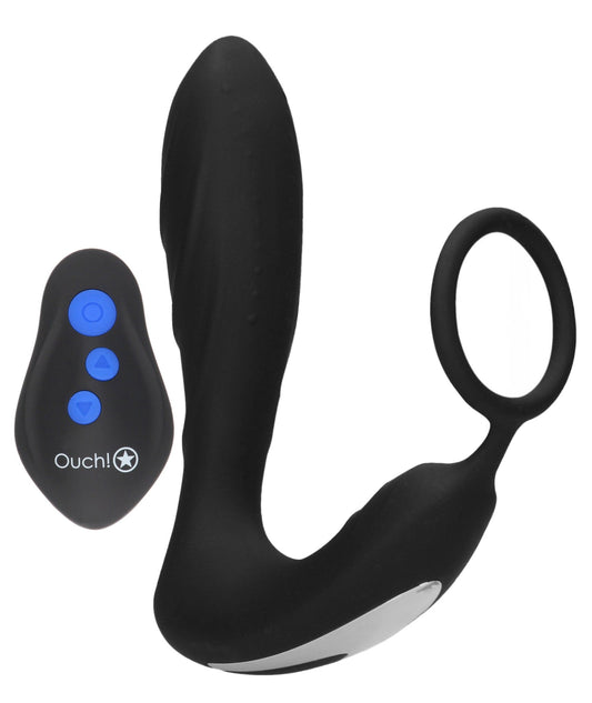 E-Stimulation and Vibration Butt Plug With Cock Ring and Wireless Remote Control - Black - TemptationsShots Ouch!TemptationsOU-OU580BLK