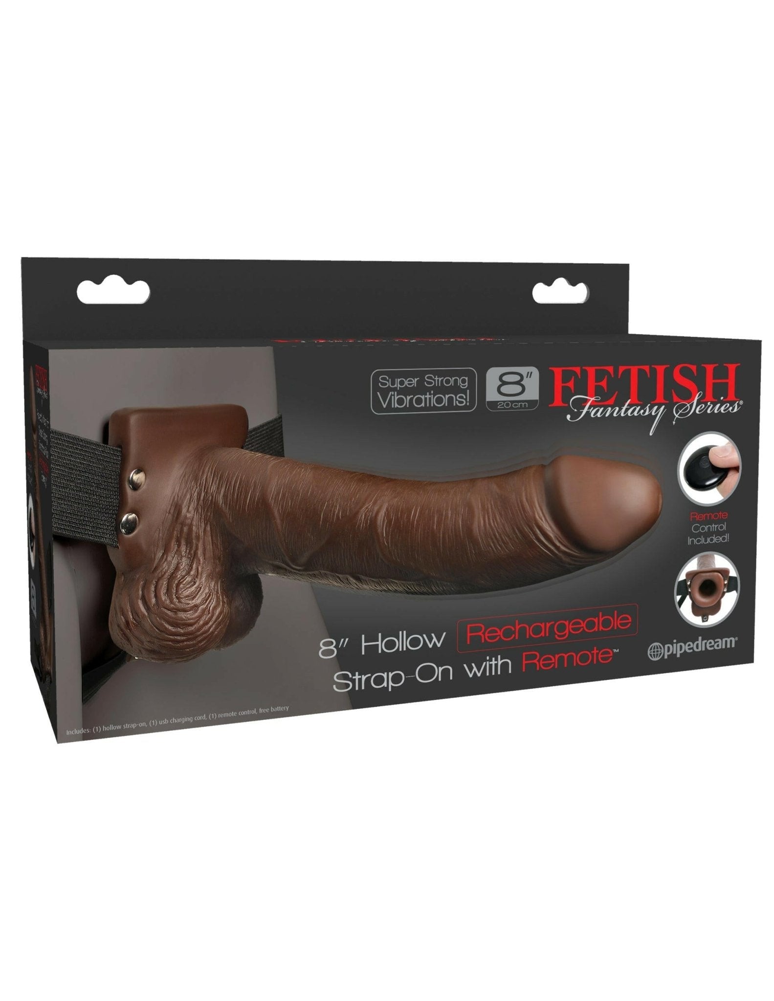 Fetish Fantasy Series 8" Hollow Rechargeable Strap-on With Remote - Brown - TemptationsPipedreamTemptationsPD3394-29